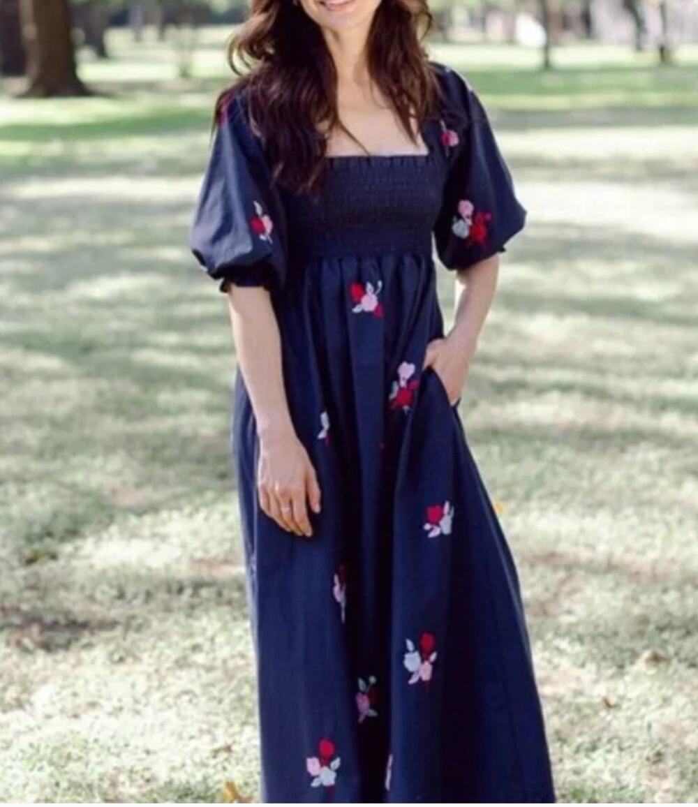 Mi Golondrino Dress Floral Puff Sleeve Midi Mila Lago Borgoña Celeste Rosa Small